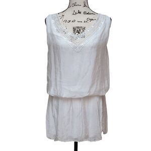🤍 Made in Italy White Boho Elastic Waist Crochet-Knit Lace Sequins Dress SIZE M